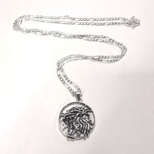 925 Silver Necklace Figaro Jesus Crown of Thorns Christian Catholic Pendant Gift